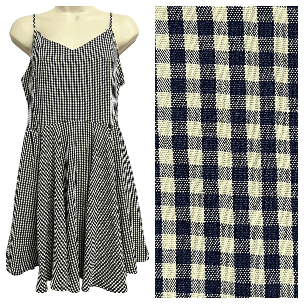 French Kiss Dress Womens Large Blue Gingham V Neck Lace Up Back‎ Mini Sundress